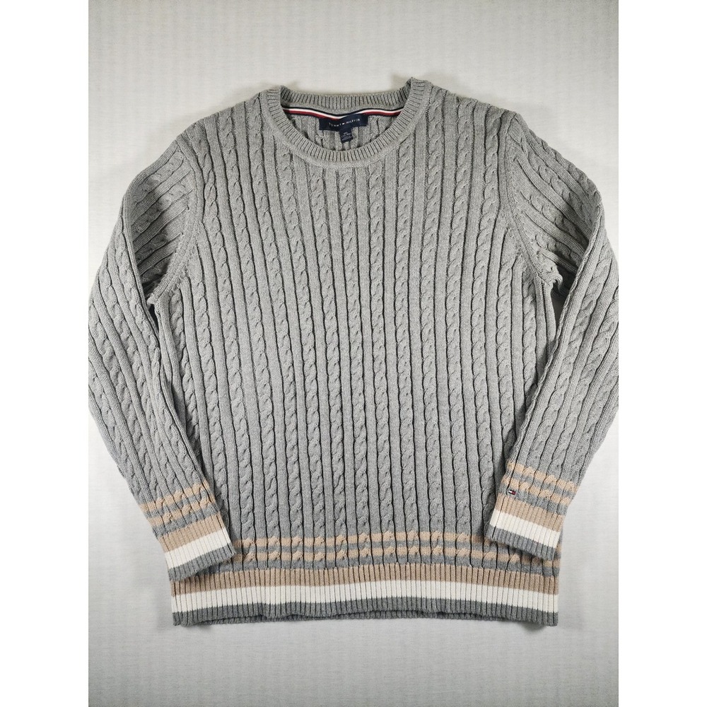 Tommy Hilfiger Varsity Womens XXL Grey Cable Knit Crewneck Pullover Sweater Prep